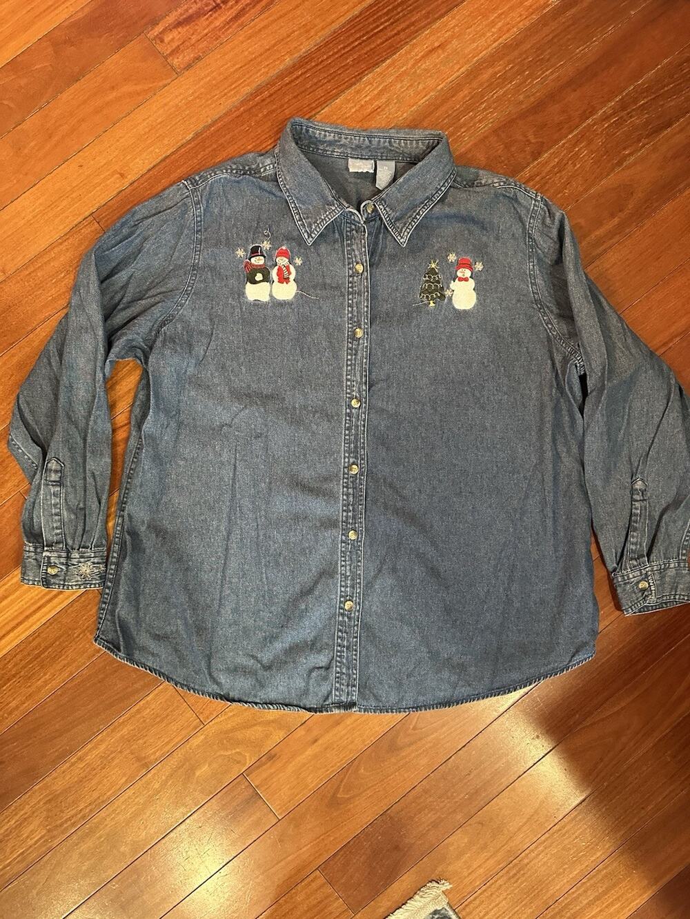 Denim Christmas Shirt Snowman Embroidered Blue Cotton Women’s 2X Holiday Edition